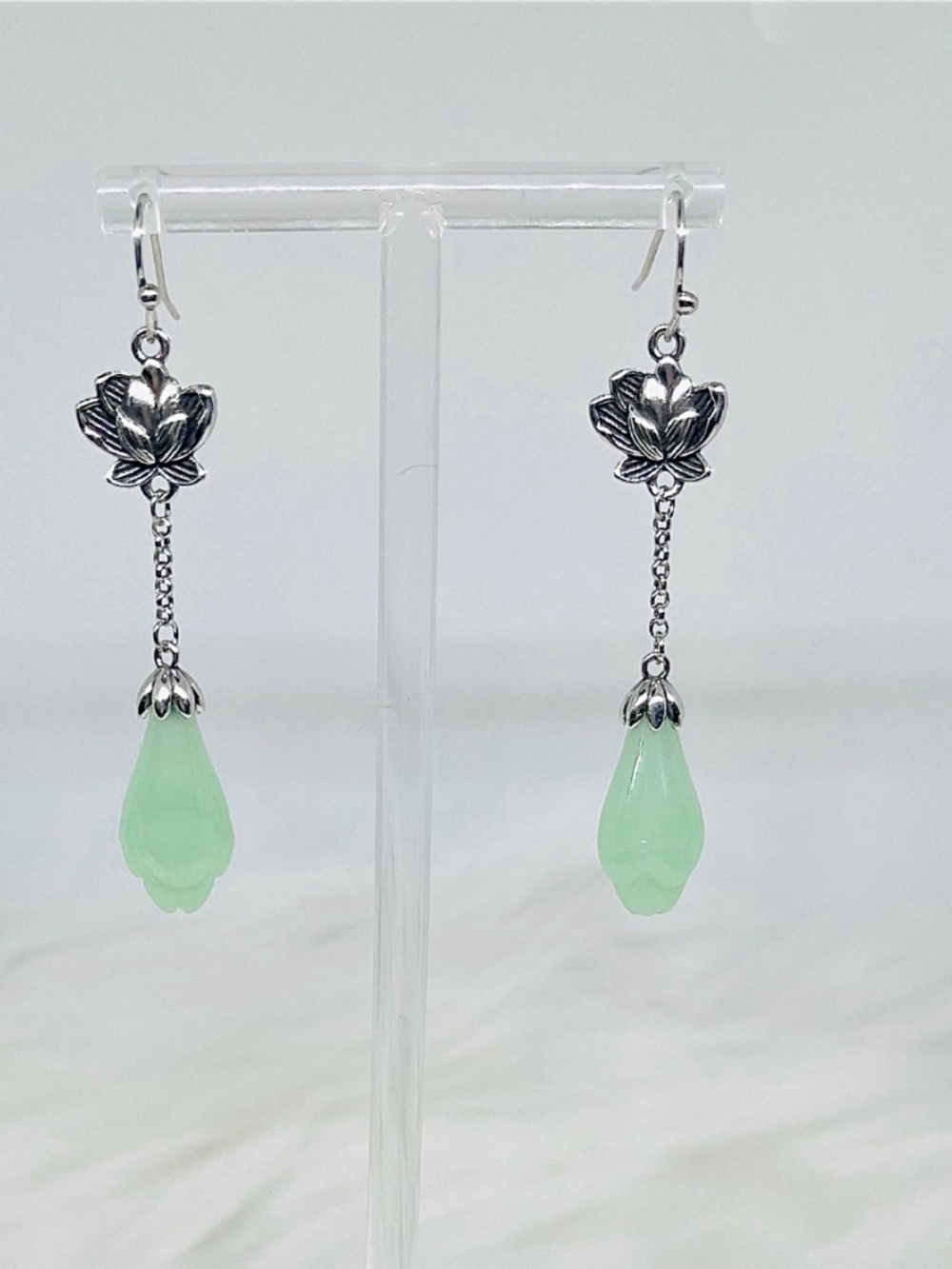 Silver Lotus Flower Drop Earrings with Mint Green Teardrop Dangle